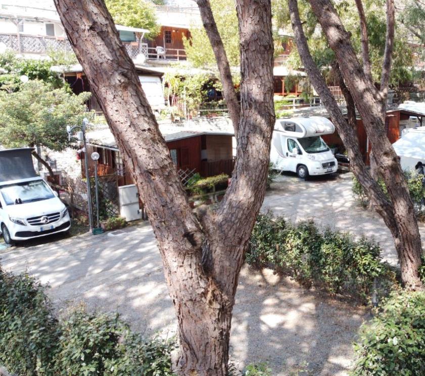 Wohnmobile in einem grünen Bereich mit Bäumen und Gärten geparkt.