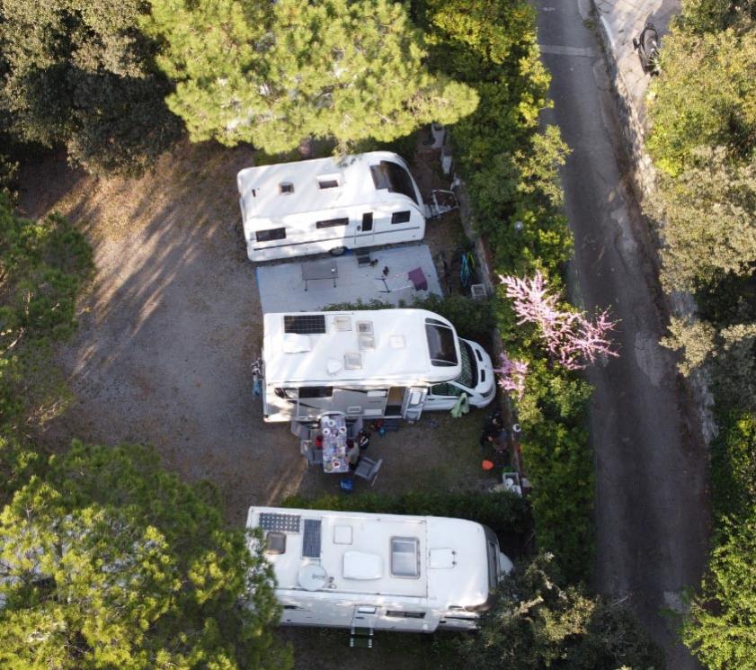 Three RVs parked in a green area viewed from above.